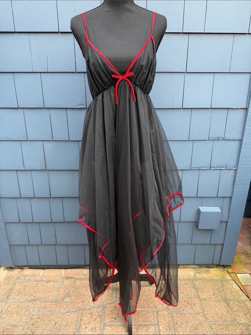 Jill Andrea of New York Vintage Black Mesh Handkerchief Hem Dress with Red Trim
